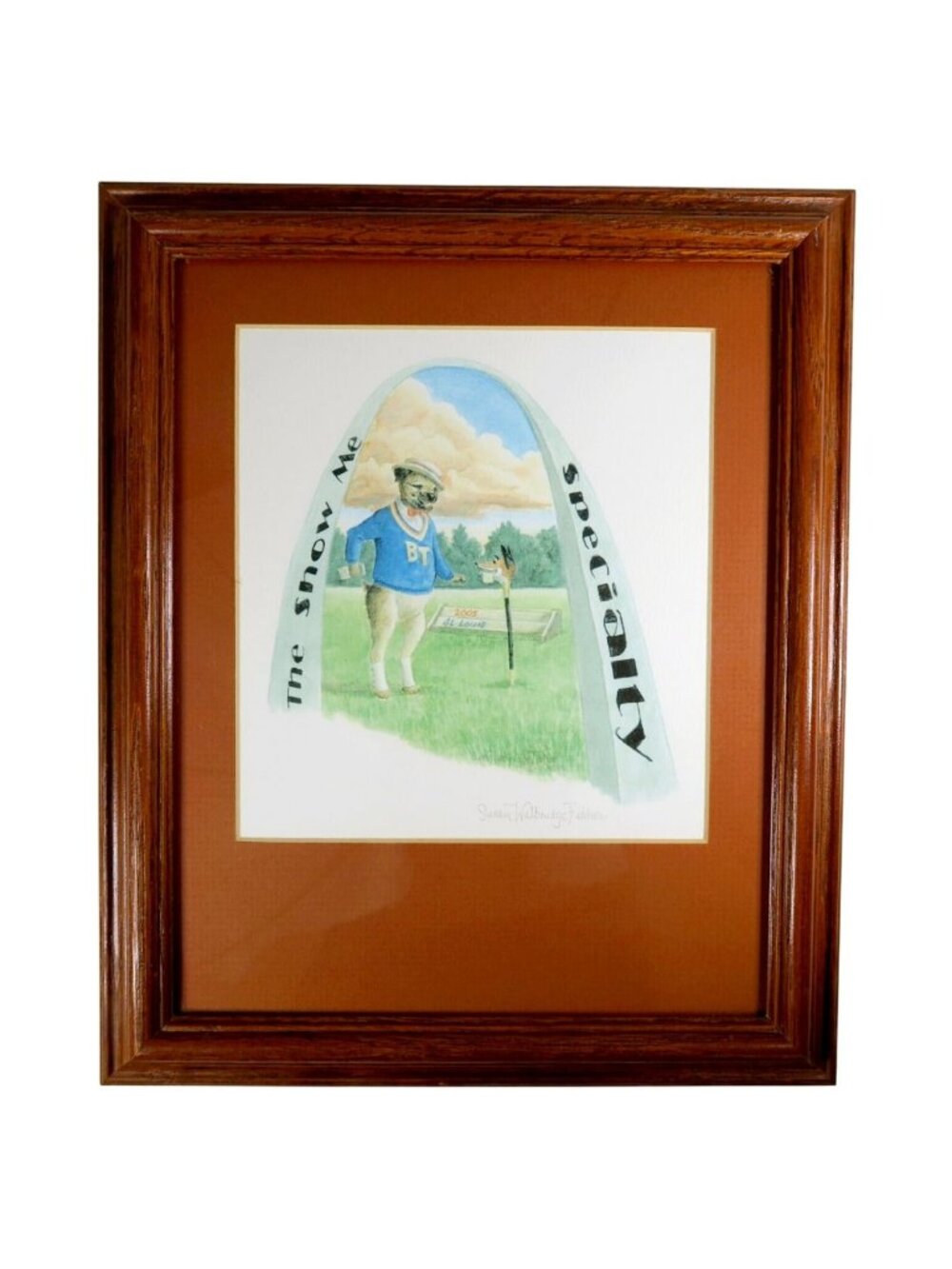 Susan Walbridge Fisher Dog Art, Border Terrier, St. Louis Arch, Signed & Framed